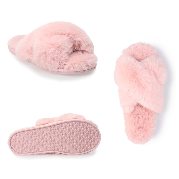 ❌SOLD❌ Lauren Conrad Pink Crossover Faux Fur Slipper Fuzzy Soft CrissCross M 7-8 - Picture 2 of 8